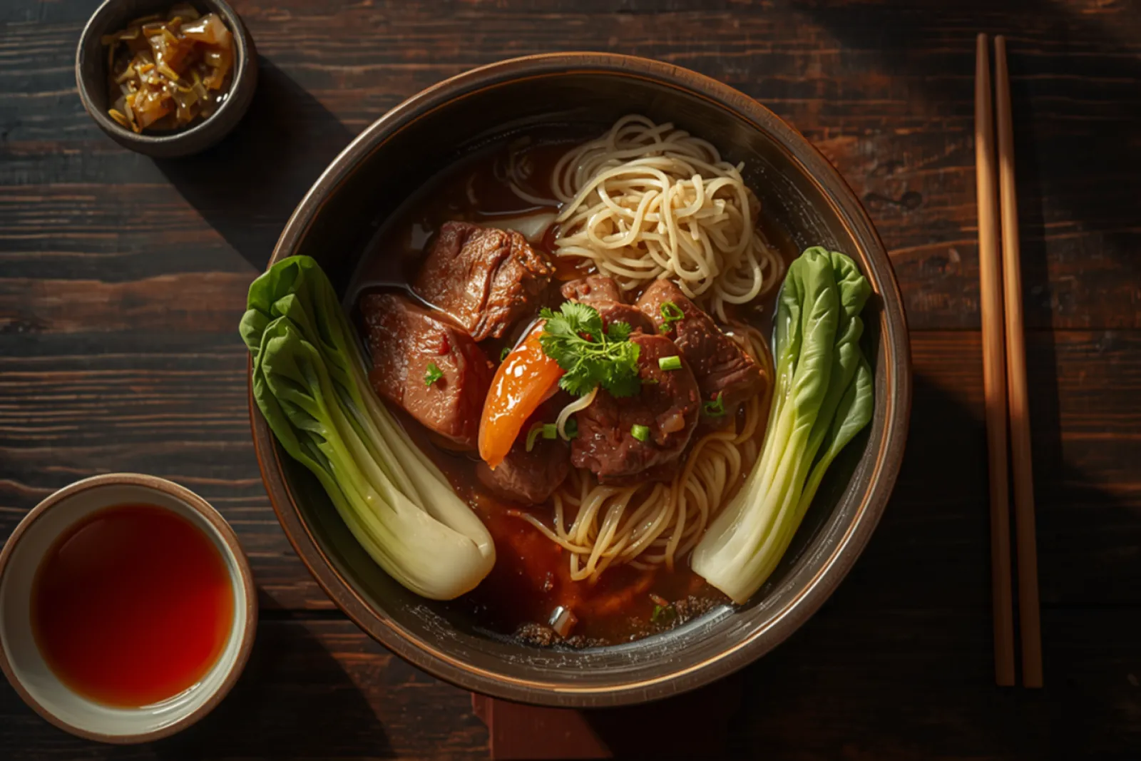 Overhead view of a wide dark-glazed bowl of Taiwanese beef noodle soup on a weathered dark wooden table: deep red-brown broth holding chunks of glossy braised beef shank, a coil of pale wheat noodles, a segment of collapsing tomato and a sprig of coriander with sliced spring onion, flanked by two halves of blanched baby bok choy with bright green leaves and white stems. A small ceramic dish of chopped pickled mustard greens sits at the top left, a shallow bowl of red chilli oil at the bottom left, and a pair of wooden chopsticks lies on the wood to the right in warm, low natural light.