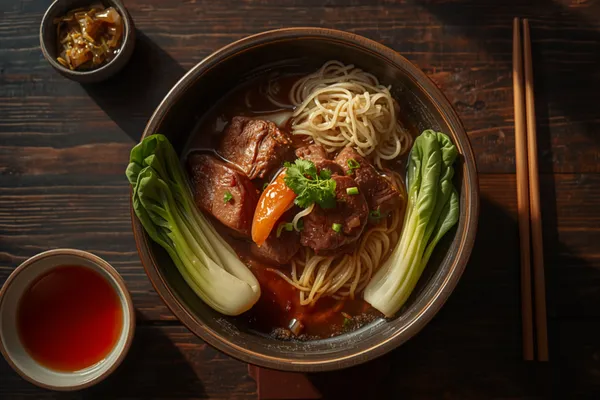 Overhead view of a wide dark-glazed bowl of Taiwanese beef noodle soup on a weathered dark wooden table: deep red-brown broth holding chunks of glossy braised beef shank, a coil of pale wheat noodles, a segment of collapsing tomato and a sprig of coriander with sliced spring onion, flanked by two halves of blanched baby bok choy with bright green leaves and white stems. A small ceramic dish of chopped pickled mustard greens sits at the top left, a shallow bowl of red chilli oil at the bottom left, and a pair of wooden chopsticks lies on the wood to the right in warm, low natural light.
