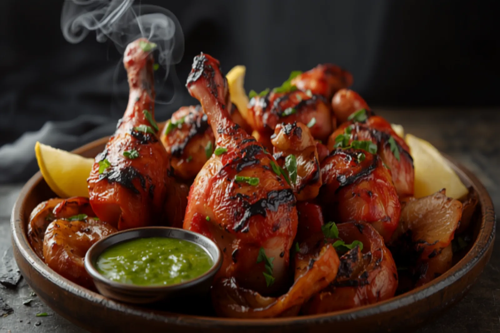 Charred scarlet-edged tandoori chicken legs on a platter with charred onion, lemon wedges and a bowl of green mint chutney, smoke rising.