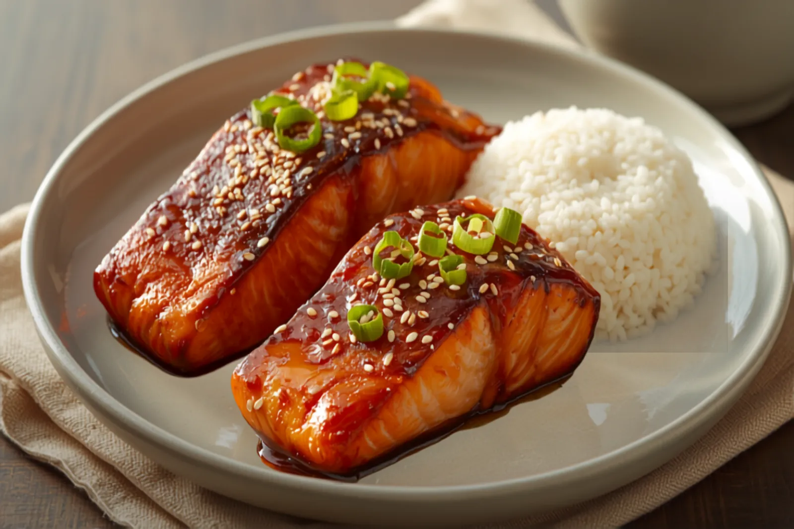 Two glossy lacquered salmon fillets glistening with dark amber teriyaki glaze, crisp-skinned and topped with toasted white sesame seeds and bright green sliced scallion, resting beside a mound of steamed white rice in a pale ceramic dish on a linen napkin.