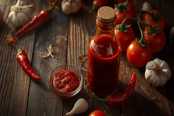 A glass bottle and small bowl of deep red Texas-style hot sauce with a slightly rustic texture, surrounded by charred red chilies, garlic, and tomatoes.