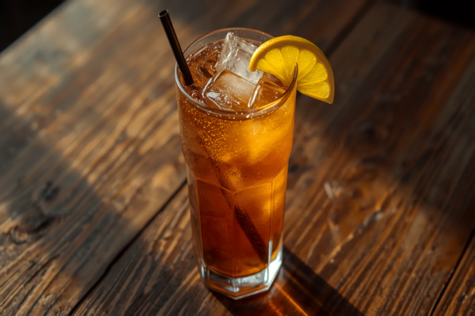 A tall dark Texas Tea over ice the colour of strong tea, with a lemon wedge and a straw, on a wooden bar.
