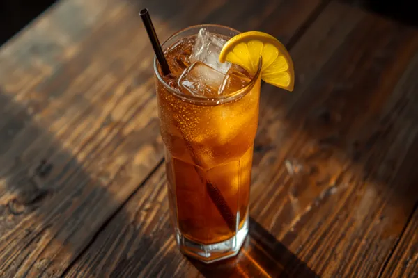 A tall dark Texas Tea over ice the colour of strong tea, with a lemon wedge and a straw, on a wooden bar.