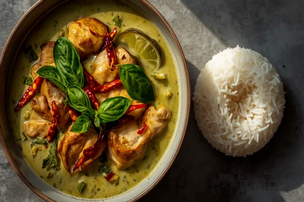 A bowl of Thai green curry — sage-green coconut sauce with sliced chicken, quartered Thai eggplant, and torn kaffir lime leaves, scattered with sweet basil and slivers of red chili, beside a mound of jasmine rice.