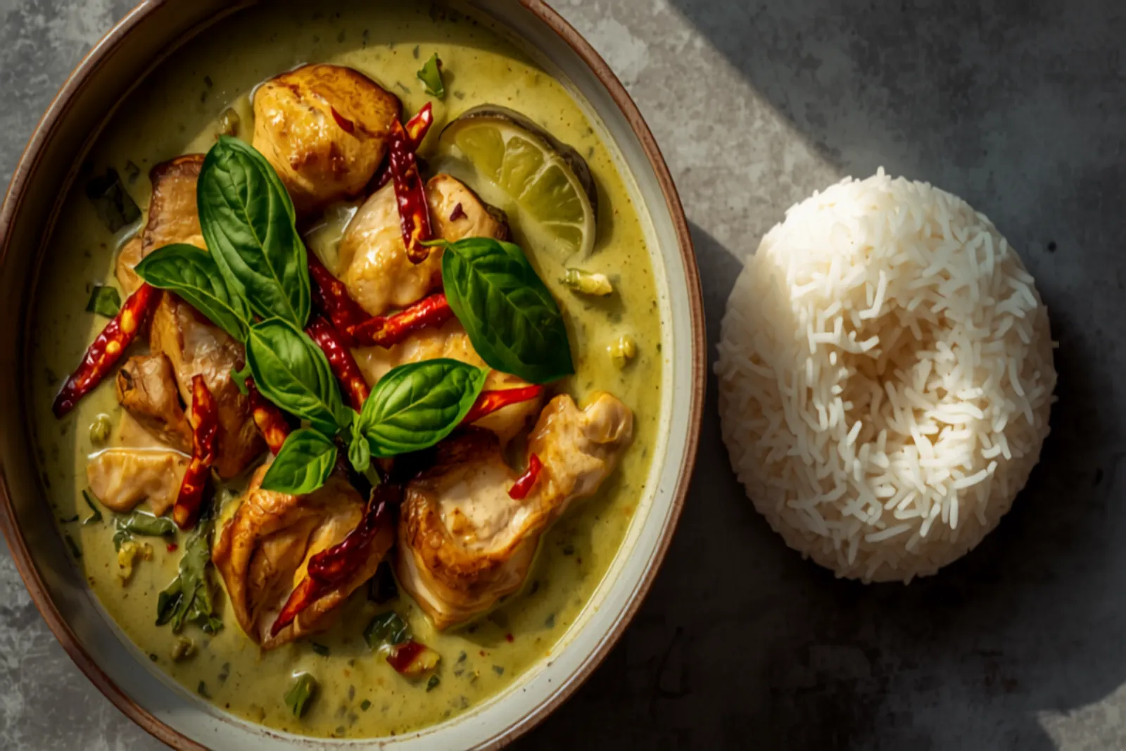 A bowl of Thai green curry — sage-green coconut sauce with sliced chicken, quartered Thai eggplant, and torn kaffir lime leaves, scattered with sweet basil and slivers of red chili, beside a mound of jasmine rice.