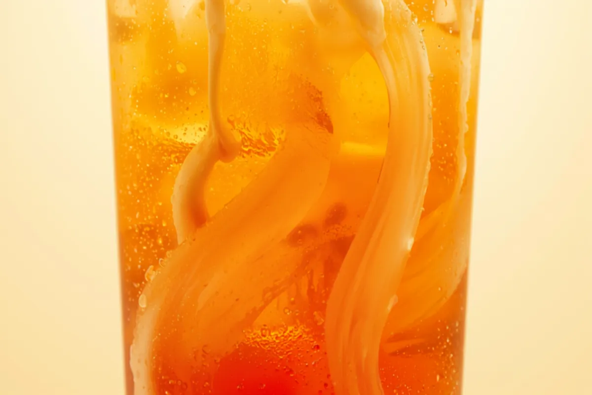 A tall glass of bright orange Thai iced tea over ice with a swirl of cream floating on top and being stirred down, condensation on the glass.