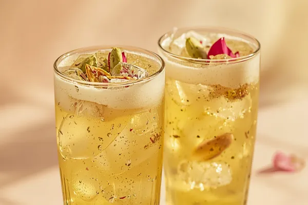 Tall glasses of pale saffron-yellow thandai over ice, topped with slivered pistachios, almonds and rose petals, with Holi colours in the background.