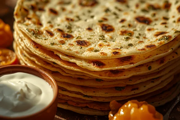 A stack of thin, soft Gujarati methi theplas with golden-brown spots, flecked green with fenugreek, served with mango pickle and a bowl of yogurt.