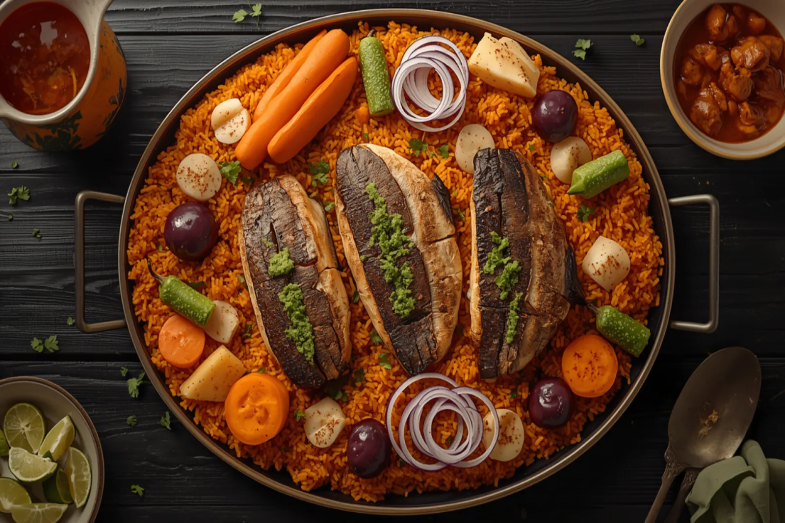 A wide communal platter of Senegalese thieboudienne: an orange-red bed of broken rice topped with browned bone-in fish steaks stuffed with green parsley rof, surrounded by batons of cassava, carrot, wedges of cabbage, sweet potato rounds and whole okra, with lime wedges and salted onion rings scattered over.