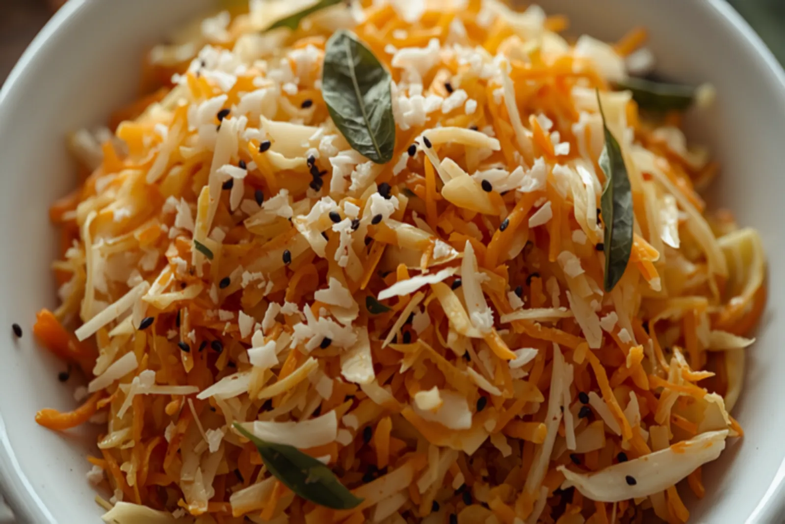 A plate of bright cabbage-and-carrot thoran flecked with white grated coconut, mustard seeds and curry leaves visible, dry and fresh.
