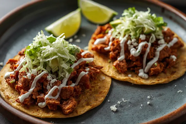 Two crisp tostadas piled with deep red-brown chipotle chicken tinga, topped with white crema, crumbled queso fresco, slices of avocado, and shredded lettuce, with lime wedges alongside.