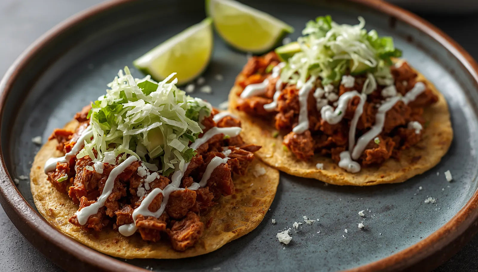 Two crisp tostadas piled with deep red-brown chipotle chicken tinga, topped with white crema, crumbled queso fresco, slices of avocado, and shredded lettuce, with lime wedges alongside.