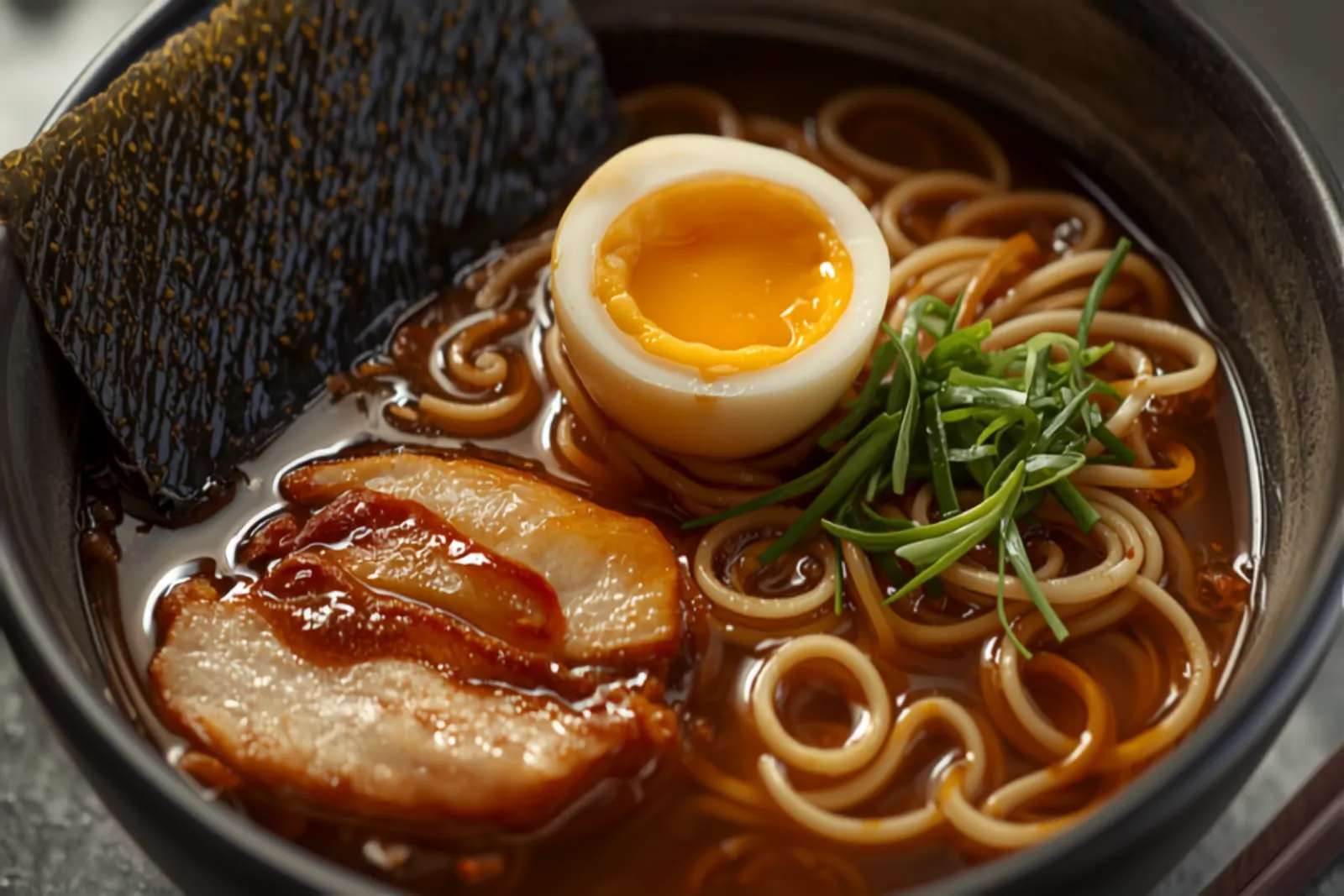A bowl of Tokyo shoyu ramen — curly noodles in a clear brown broth topped with slices of rolled chashu pork, a halved soft-boiled marinated egg with jammy yolk, bamboo shoots, nori, and sliced green spring onion.