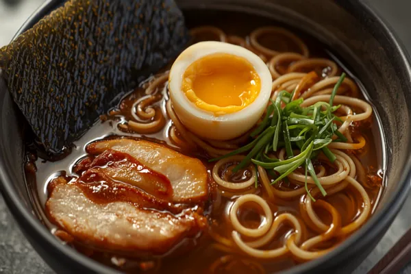 A bowl of Tokyo shoyu ramen — curly noodles in a clear brown broth topped with slices of rolled chashu pork, a halved soft-boiled marinated egg with jammy yolk, bamboo shoots, nori, and sliced green spring onion.