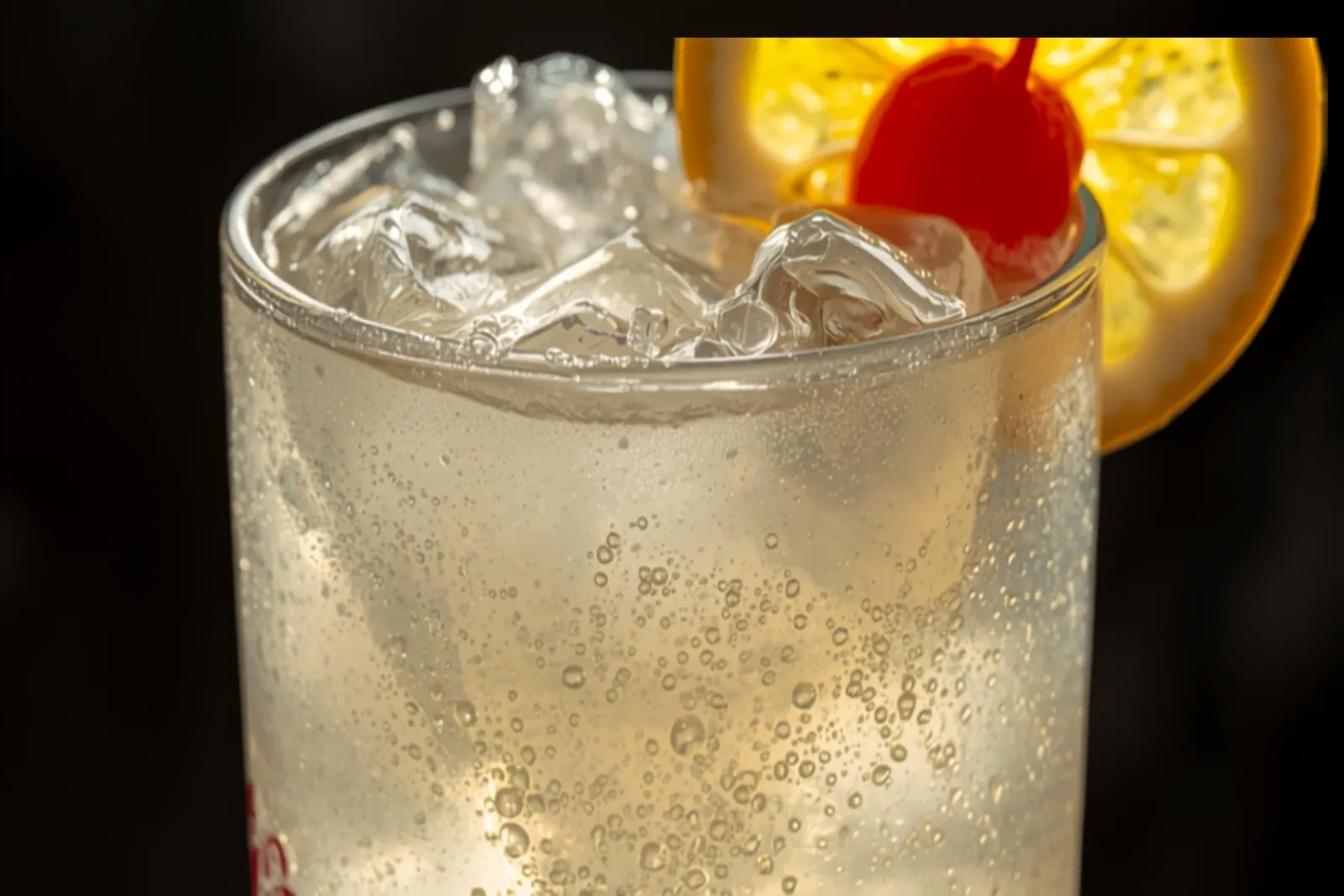 A tall Tom Collins over ice in a Collins glass, pale and fizzy, garnished with a lemon wheel and a cherry.