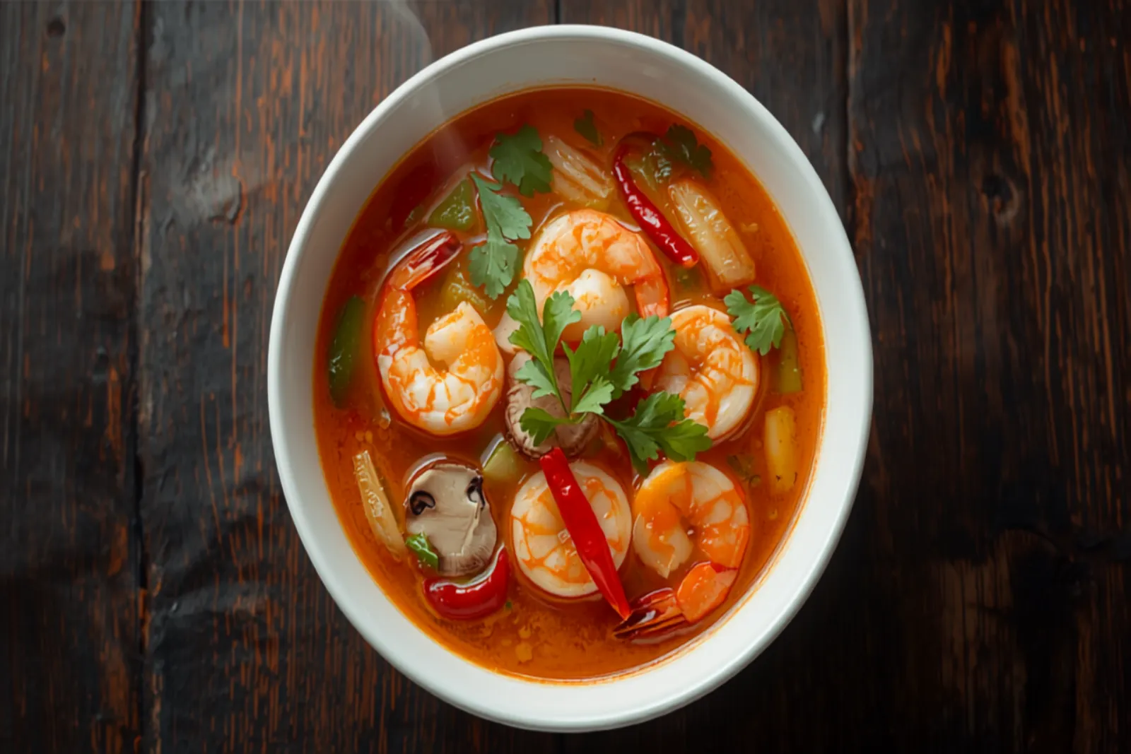 A bowl of tom yum goong with plump pink shrimp, straw mushrooms and a glossy orange broth, lemongrass and makrut lime leaves visible, garnished with cilantro.