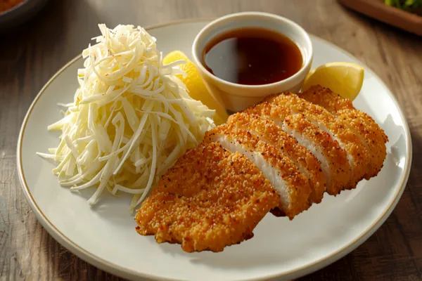 A breaded tonkatsu pork cutlet fried deep golden and sliced into strips, fanned on a plate beside a tall mound of finely shredded raw cabbage, with a dish of dark tonkatsu sauce and a lemon wedge.