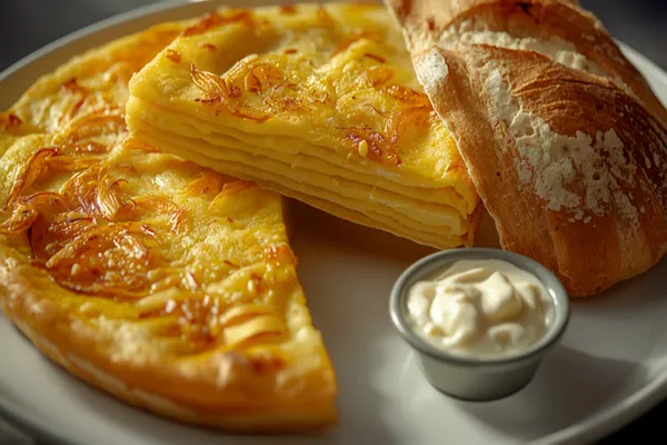A thick golden Spanish potato tortilla on a plate, one wedge cut to reveal the layered potato and just-set custardy egg centre, with a crusty loaf and a small dish of allioli beside it.