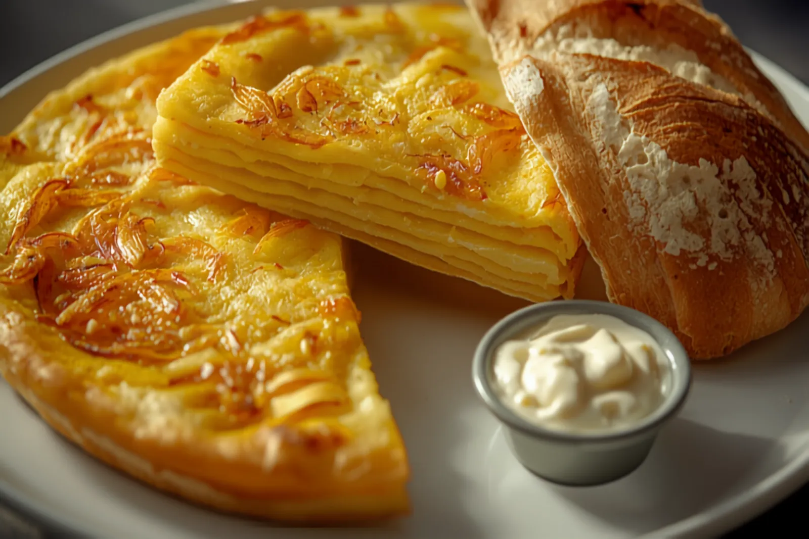 A thick golden Spanish potato tortilla on a plate, one wedge cut to reveal the layered potato and just-set custardy egg centre, with a crusty loaf and a small dish of allioli beside it.