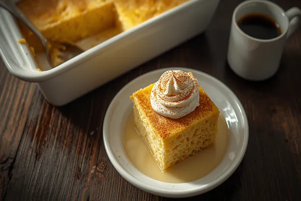A square slice of tres leches cake on a small white plate, its pale golden sponge showing an open, milk-soaked crumb and sitting in a shallow pool of creamy milk, topped with a piped rosette of whipped cream dusted with cinnamon, with the rest of the cake in a white baking dish and a mug of black coffee behind it on a dark wooden table.