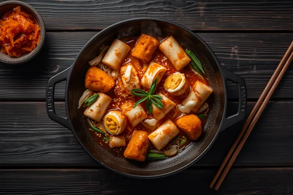 Overhead view of a shallow black cast-iron pan of Korean tteokbokki on a dark weathered wooden table — glossy red-orange gochujang sauce clinging to fat white cylinders of garaetteok rice cake, with golden-brown rounds of fish cake, halved hard-boiled eggs showing their yolks, slivers of onion and green spring onion, all scattered with toasted sesame seeds; a small dark bowl of kimchi sits at the upper left and a pair of wooden chopsticks lies along the right edge of the frame.