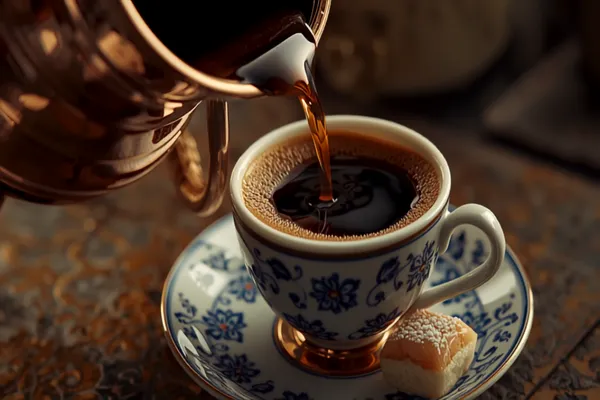 A small copper cezve pouring dark Turkish coffee with thick foam into a tiny patterned cup, a piece of Turkish delight on the saucer.