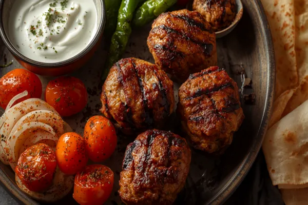 Charred oval Turkish köfte on a platter with grilled green peppers and tomatoes, a sumac-dusted onion salad and a bowl of yogurt, warm flatbread tucked alongside.