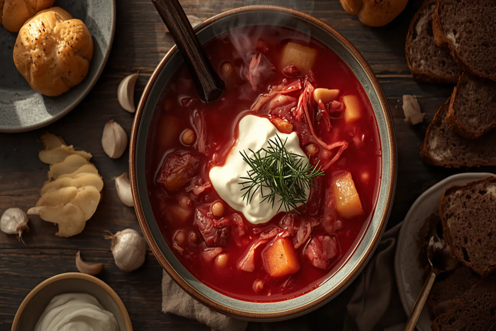 Overhead view of a grey-rimmed ceramic bowl of steaming ruby-red Ukrainian borscht, thick with cubes of potato, shreds of cabbage and pork, a dark wooden spoon resting in it and a spoonful of thick white smetana topped with a sprig of dill in the centre — surrounded on the weathered dark wood table by a plate of golden garlic pampushky, slices of dark rye bread, whole garlic cloves, thin slices of salo and a small bowl of sour cream.