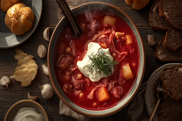 Overhead view of a grey-rimmed ceramic bowl of steaming ruby-red Ukrainian borscht, thick with cubes of potato, shreds of cabbage and pork, a dark wooden spoon resting in it and a spoonful of thick white smetana topped with a sprig of dill in the centre — surrounded on the weathered dark wood table by a plate of golden garlic pampushky, slices of dark rye bread, whole garlic cloves, thin slices of salo and a small bowl of sour cream.