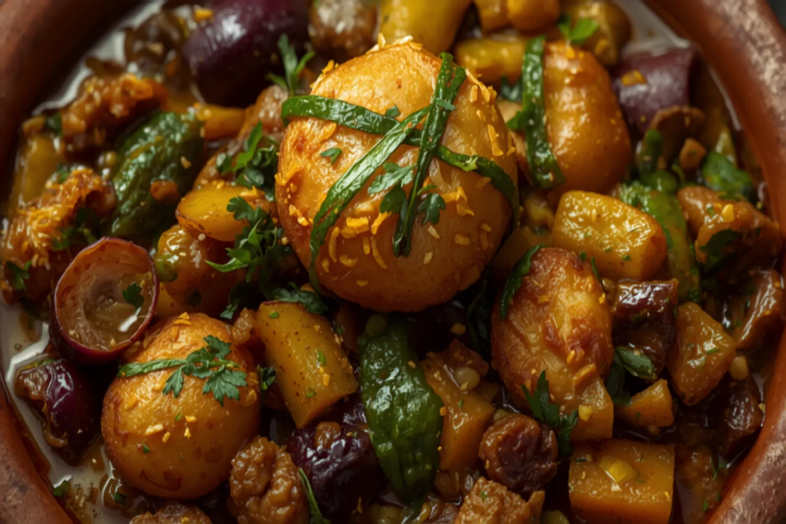 A rich Gujarati undhiyu of mixed winter vegetables — purple yam, flat beans, small eggplant, potato — and fried fenugreek dumplings coated in a green coconut-coriander masala, in an earthen bowl.