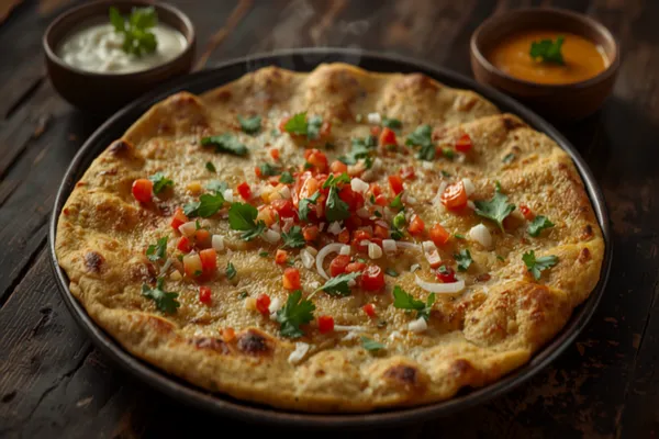 A thick golden uttapam on a dark plate, its surface studded with chopped onion, red tomato, green chilli and coriander, a crisp browned edge, served with a small bowl of white coconut chutney.
