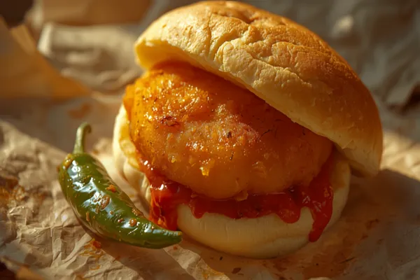 A vada pav — a golden deep-fried potato vada in a soft white pav bun smeared with red dry garlic chutney — on paper with a fried green chili beside it.