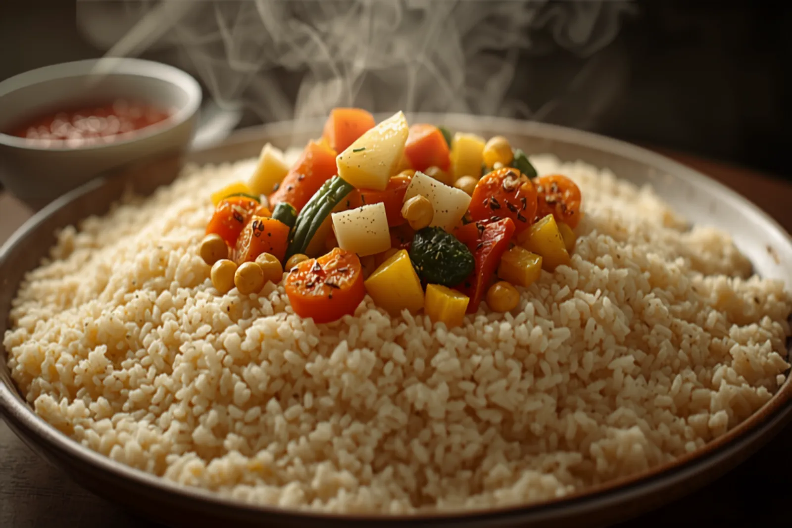 A large platter mounded with pale fluffy couscous crowned with carrots, turnip, golden squash, courgette and chickpeas in a fragrant broth, steam rising, a bowl of red harissa beside it.