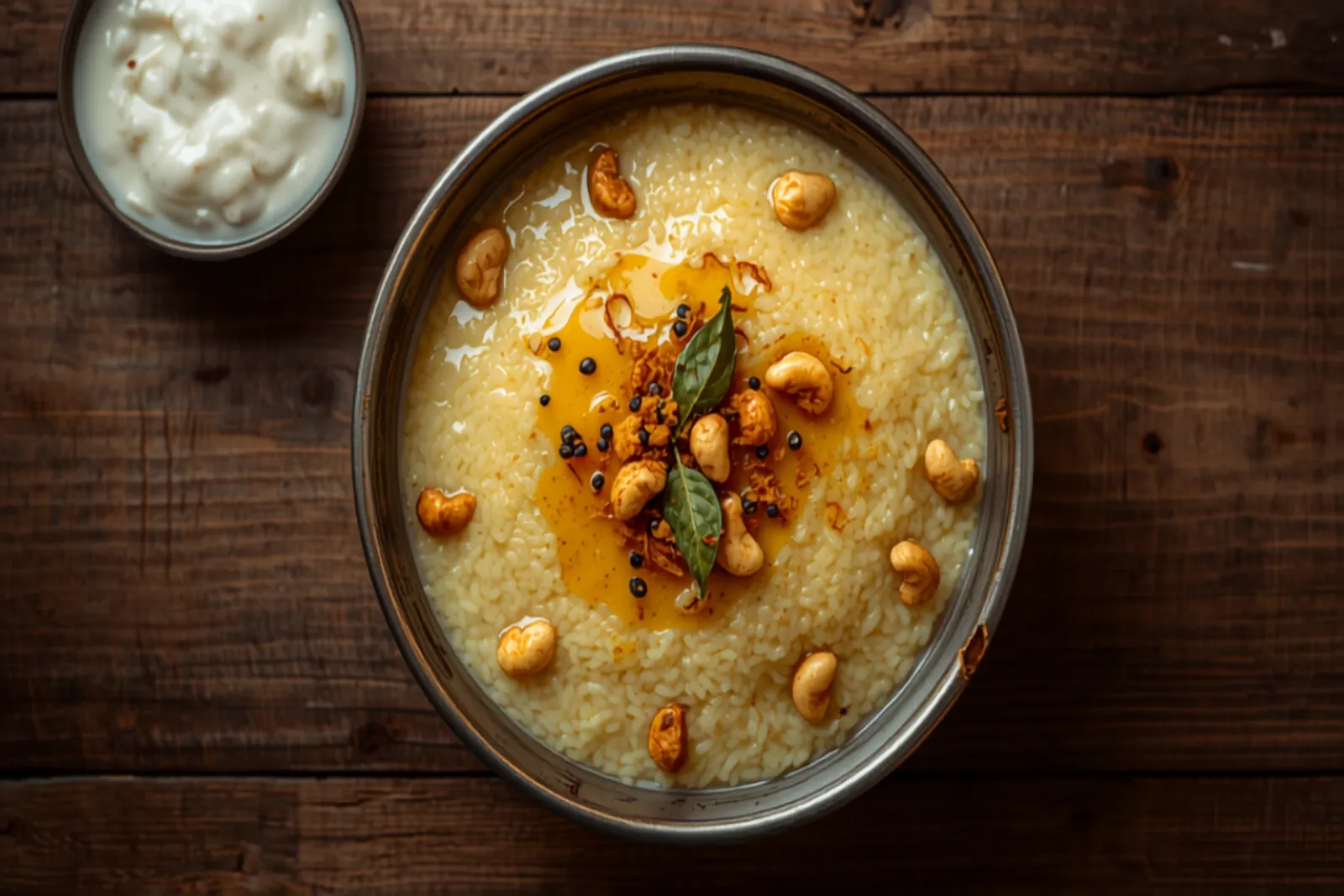 A bowl of creamy pale-yellow ven pongal topped with golden fried cashews, whole black peppercorns and crisp curry leaves, a pool of ghee glistening on top, served with coconut chutney in warm morning light.