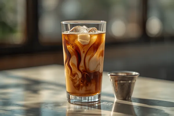 A glass of Vietnamese iced coffee with a layer of condensed milk being stirred into dark coffee over ice, a metal phin filter beside it.