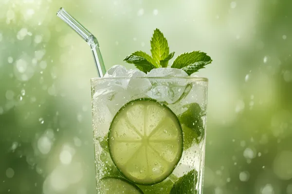 A tall virgin mojito packed with crushed ice, fresh mint and lime wheels, a straw and a slapped mint sprig on top, bright and fresh.