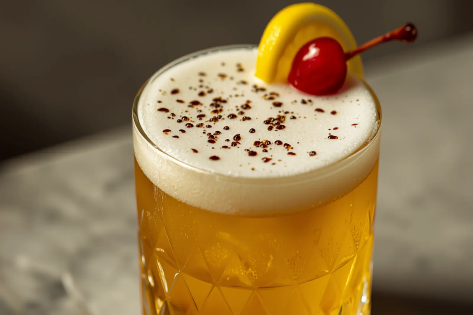 A golden whiskey sour in a rocks glass with a thick pale foam cap dotted with dark bitters, a lemon wheel and cherry on the rim.