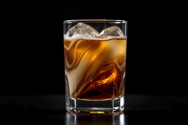 A White Russian over ice in a rocks glass with cream swirling down through dark coffee liqueur in a marble pattern.