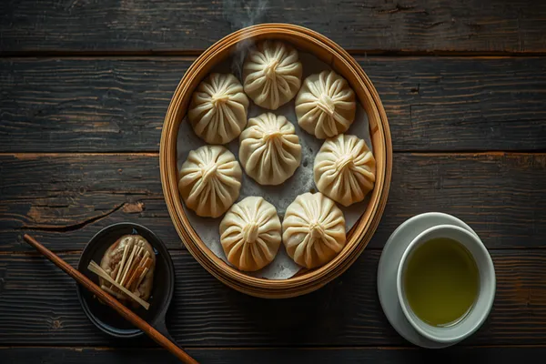 An overhead view of a round bamboo steamer basket holding nine Shanghai xiaolongbao arranged in a ring, each dumpling pleated into a tight twisted spiral at the top, faint steam rising from the basket; a small black dish of dark vinegar with fine ginger matchsticks and a pair of wooden chopsticks sit to the left and a pale cup of green tea to the right, on a dark weathered wooden table.
