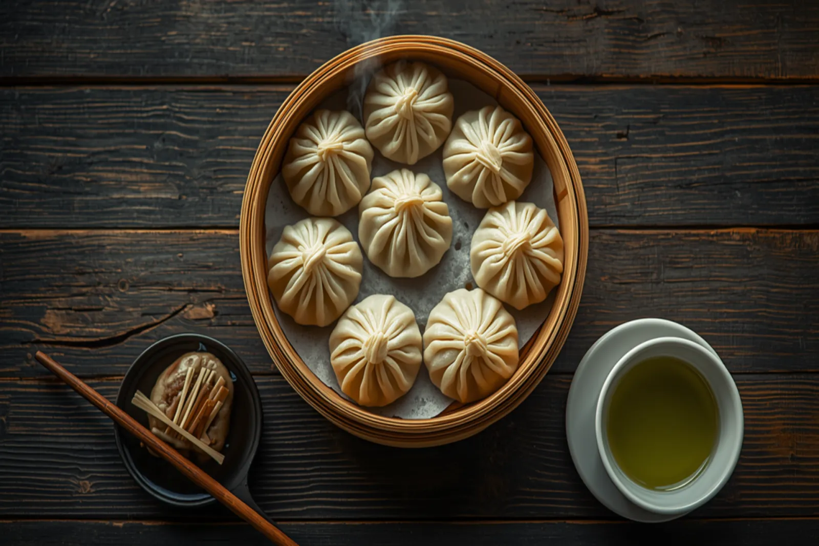 An overhead view of a round bamboo steamer basket holding nine Shanghai xiaolongbao arranged in a ring, each dumpling pleated into a tight twisted spiral at the top, faint steam rising from the basket; a small black dish of dark vinegar with fine ginger matchsticks and a pair of wooden chopsticks sit to the left and a pale cup of green tea to the right, on a dark weathered wooden table.