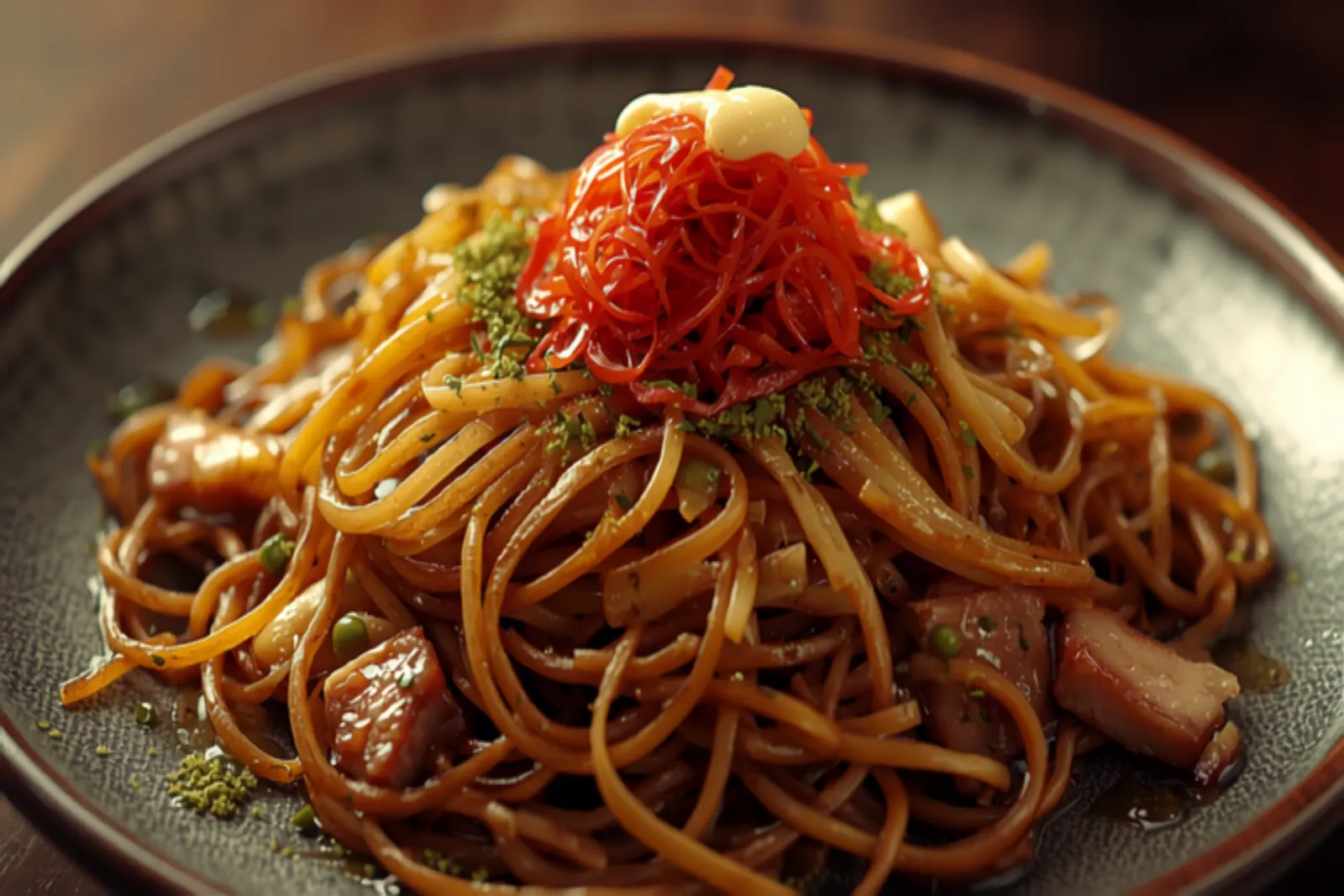 A generous tangle of glossy brown stir-fried yakisoba noodles piled on a plate with wilted cabbage and slivers of pork, crowned with a bright mound of red pickled ginger, a dusting of green aonori seaweed, and a squiggle of pale mayonnaise, festival-stall style.