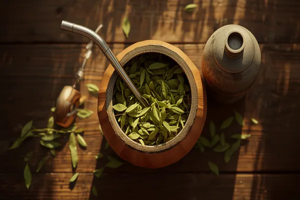 A traditional mate gourd full of green yerba with a silver bombilla straw, a thermos beside it on a wooden table in warm daylight.