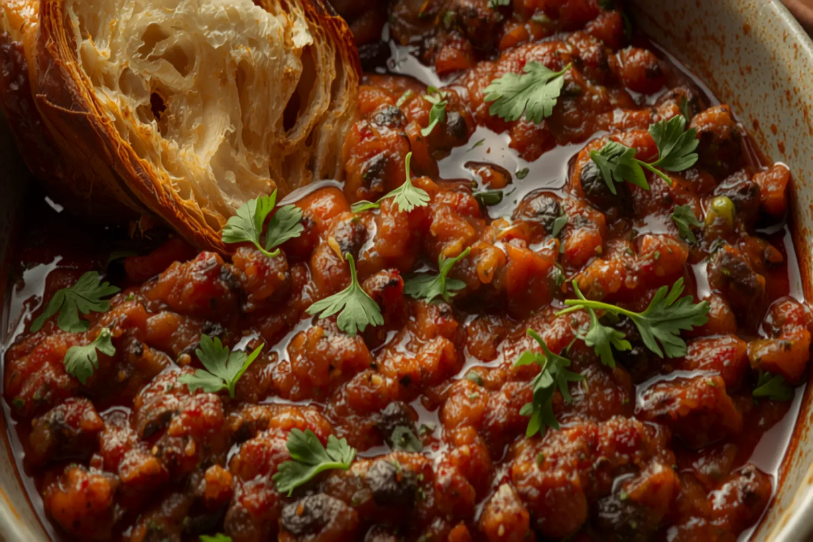 A shallow dish of jammy red-brown Moroccan zaalouk made of mashed smoky eggplant and tomato flecked with green coriander, glossy with olive oil, crusty bread alongside for scooping.