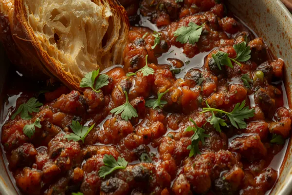 A shallow dish of jammy red-brown Moroccan zaalouk made of mashed smoky eggplant and tomato flecked with green coriander, glossy with olive oil, crusty bread alongside for scooping.