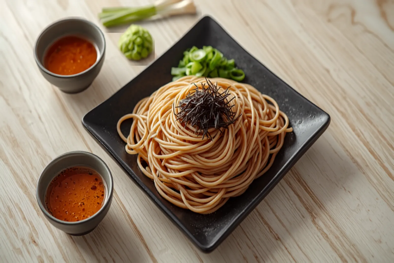 A neat fan of chilled brown-flecked soba noodles arranged on a square black bamboo zaru, topped with fine shreds of dark nori, beside a small cup of amber dipping tsuyu and little mounds of bright green wasabi and sliced scallion on a pale wooden table.
