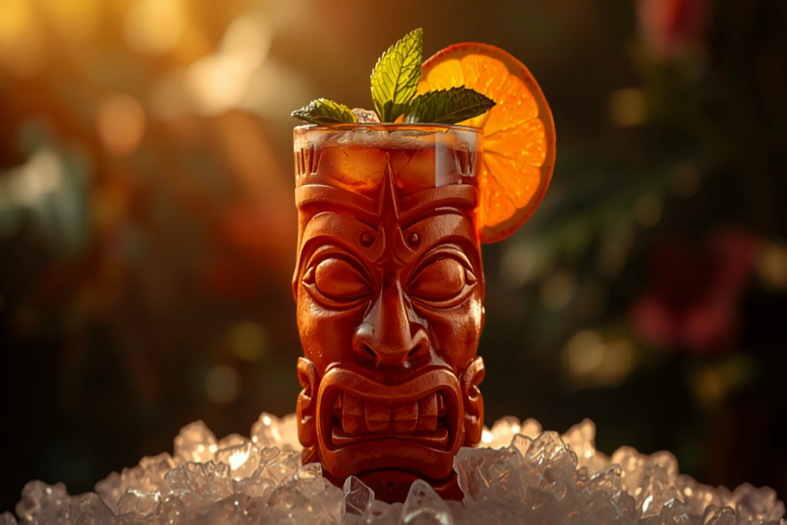 A Zombie cocktail in a tall tiki mug over crushed ice, deep amber-red, with a mint sprig and a high-proof rum float.